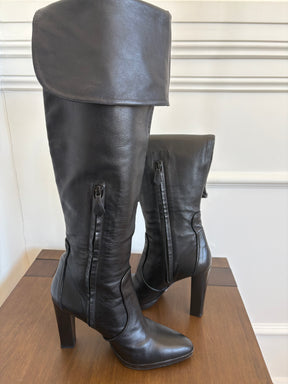 Hermès Black Leather Platform Knee High Boots, 40