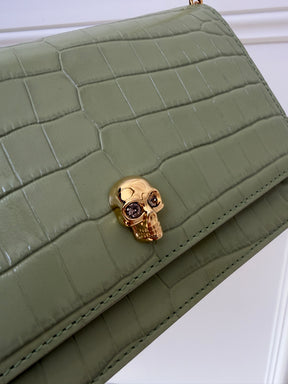 Alexander McQueen Sage Green Mock Croc Crossbody Chain Bag
