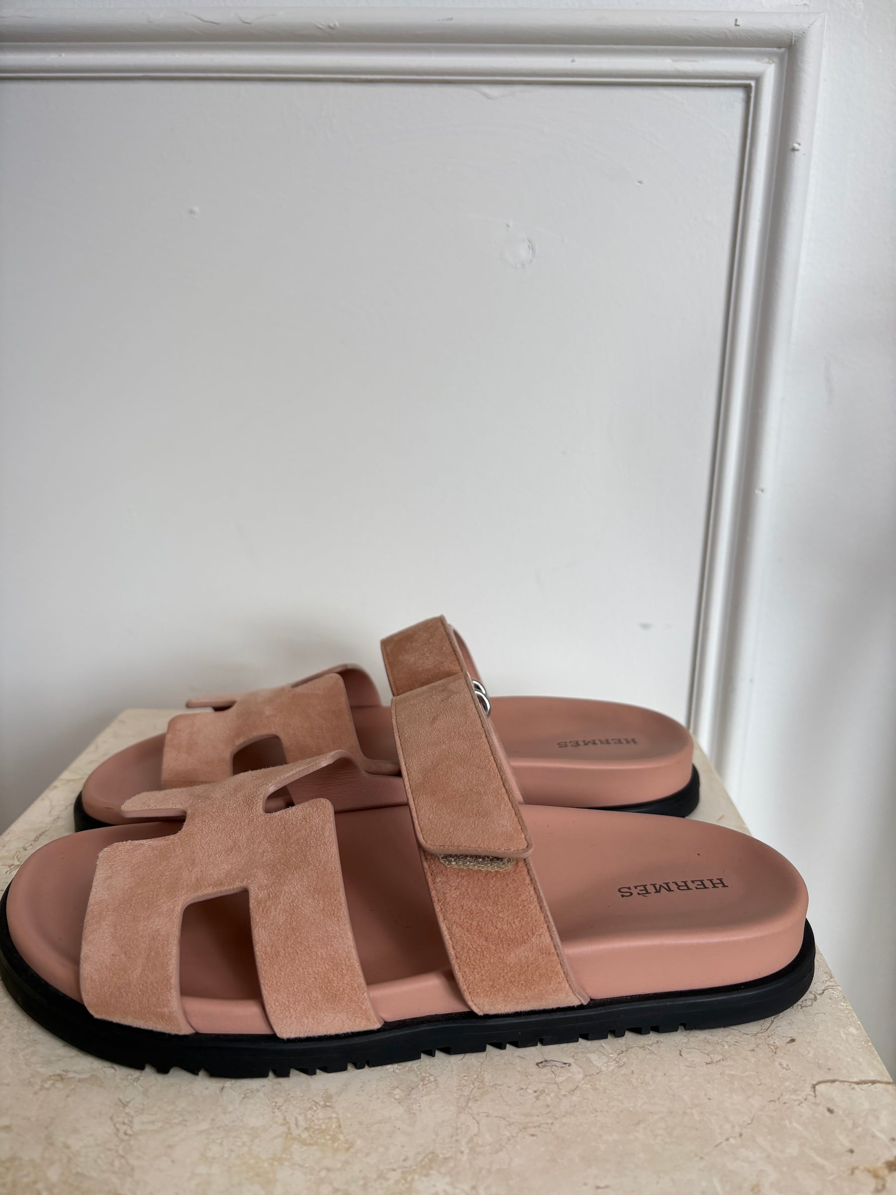 Hermès Pale Pink Suede Chypre Slides, 38.5