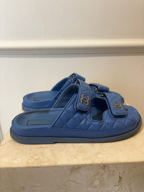 Chanel Sky Blue Quilted Leather Backless Dad Sandals, 39C