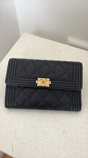 Chanel Black Caviar Leather Trifold Boy Wallet