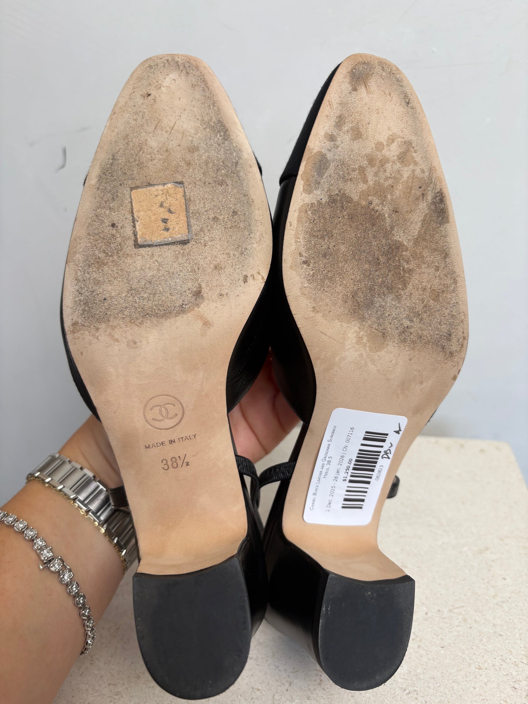 Chanel Black Leather and Grosgrain Slingback Heels, 38.5