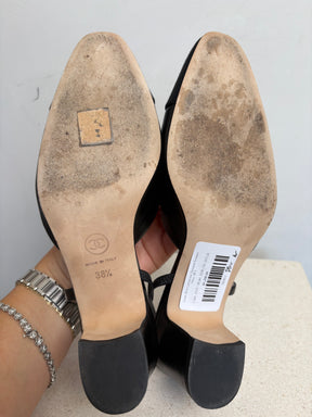 Chanel Black Leather and Grosgrain Slingback Heels, 38.5