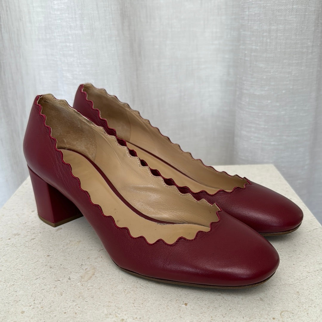 Chloe Burgundy Leather Scalloped Detail Block Heel, 36.5