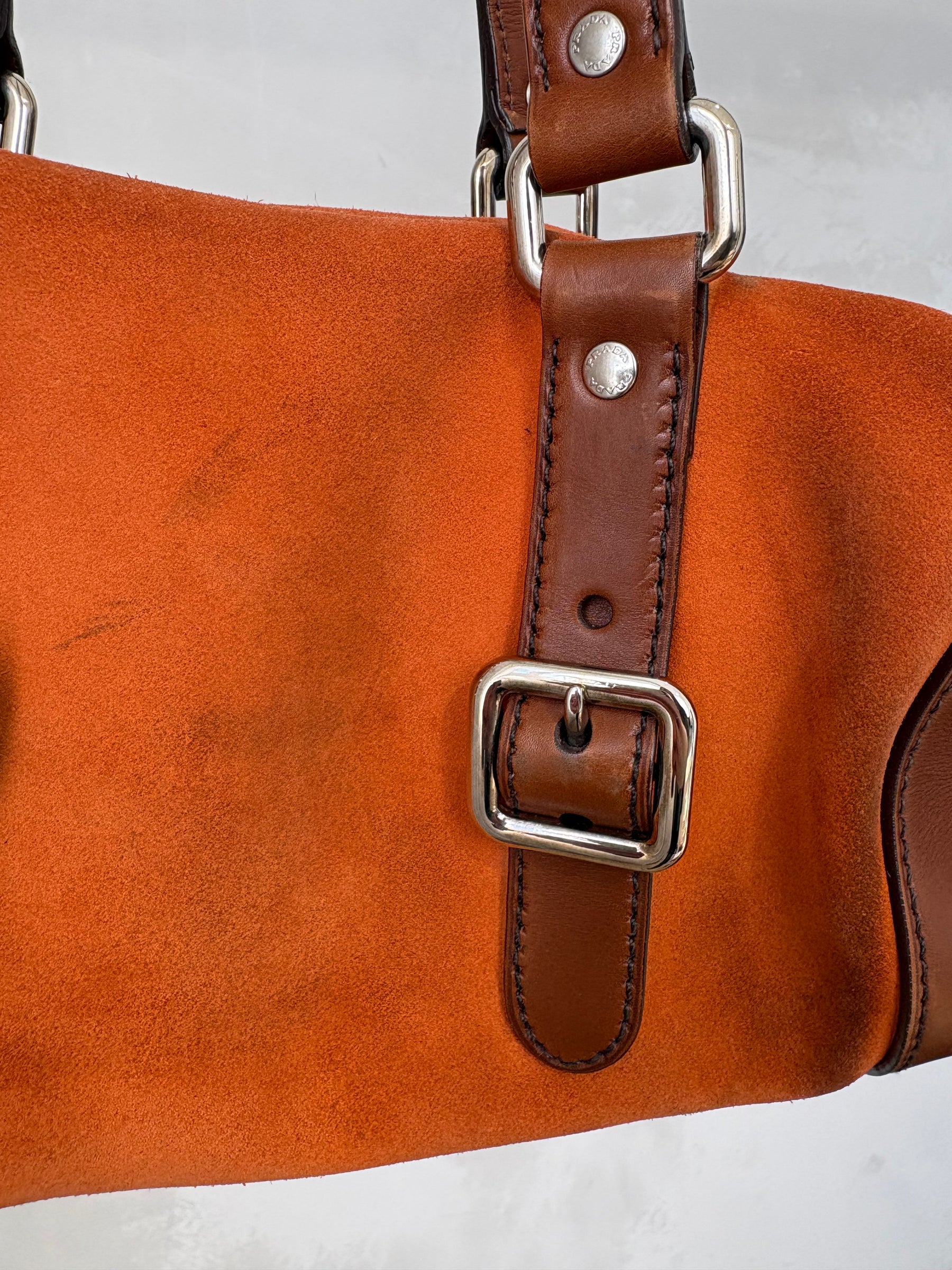 Prada Orange Suede and Brown Leather Bowling Bag