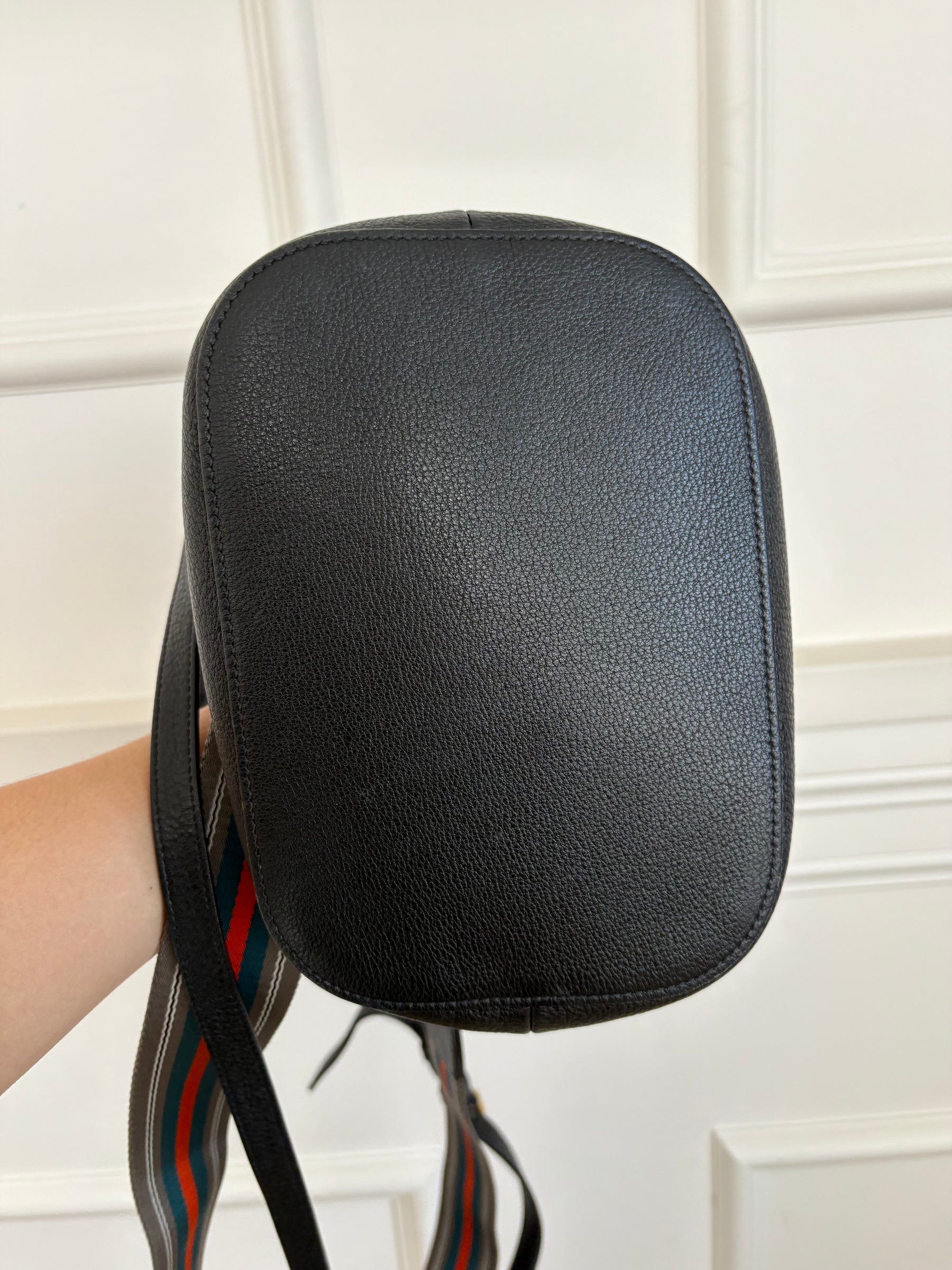 Prada Black Grained Leather Logo Bucket Bag