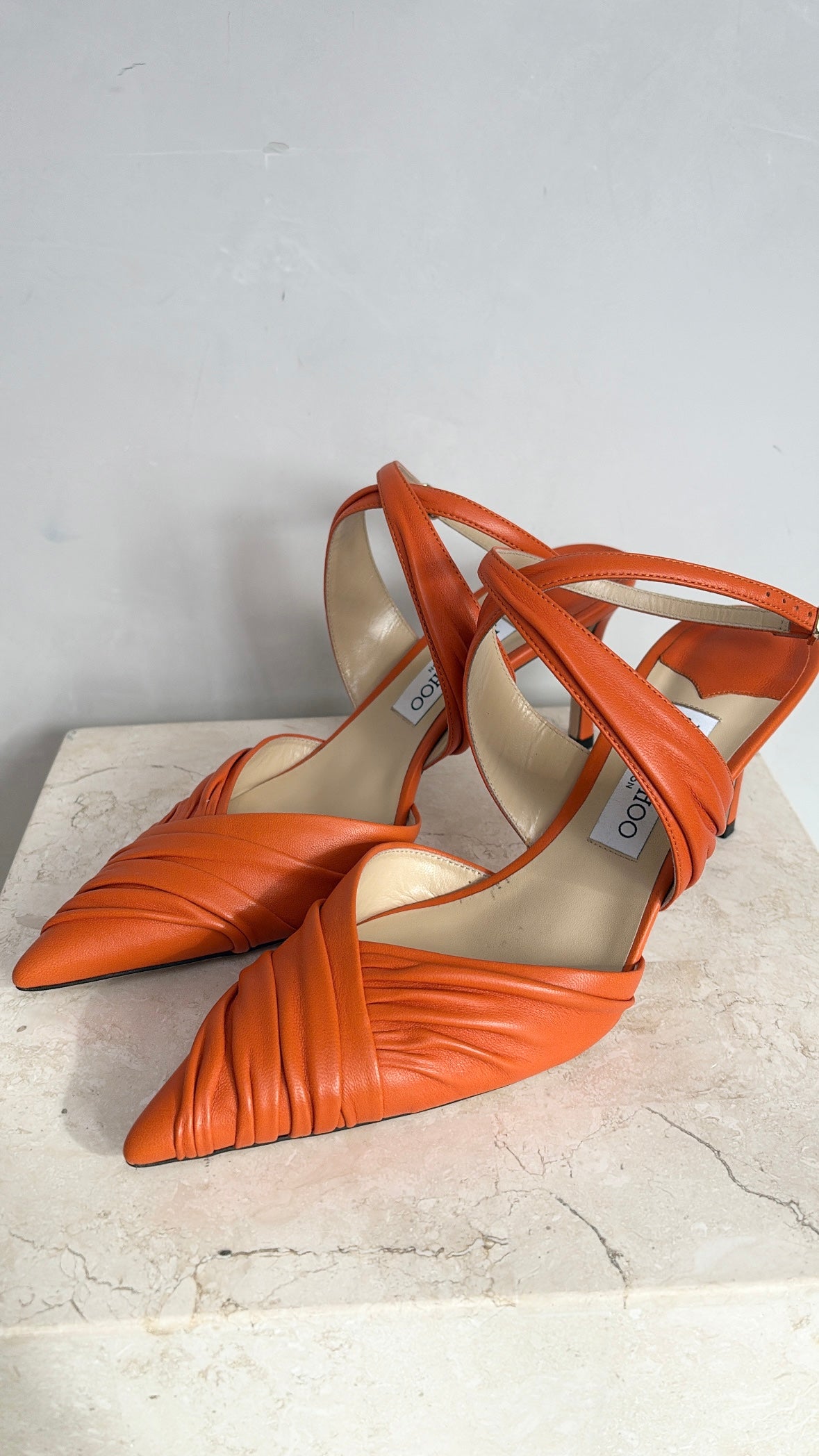 Jimmy Choo Orange Gathered Leather Ankle Strap Pointed Heels, 40