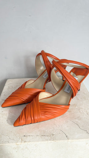 Jimmy Choo Orange Gathered Leather Ankle Strap Pointed Heels, 40