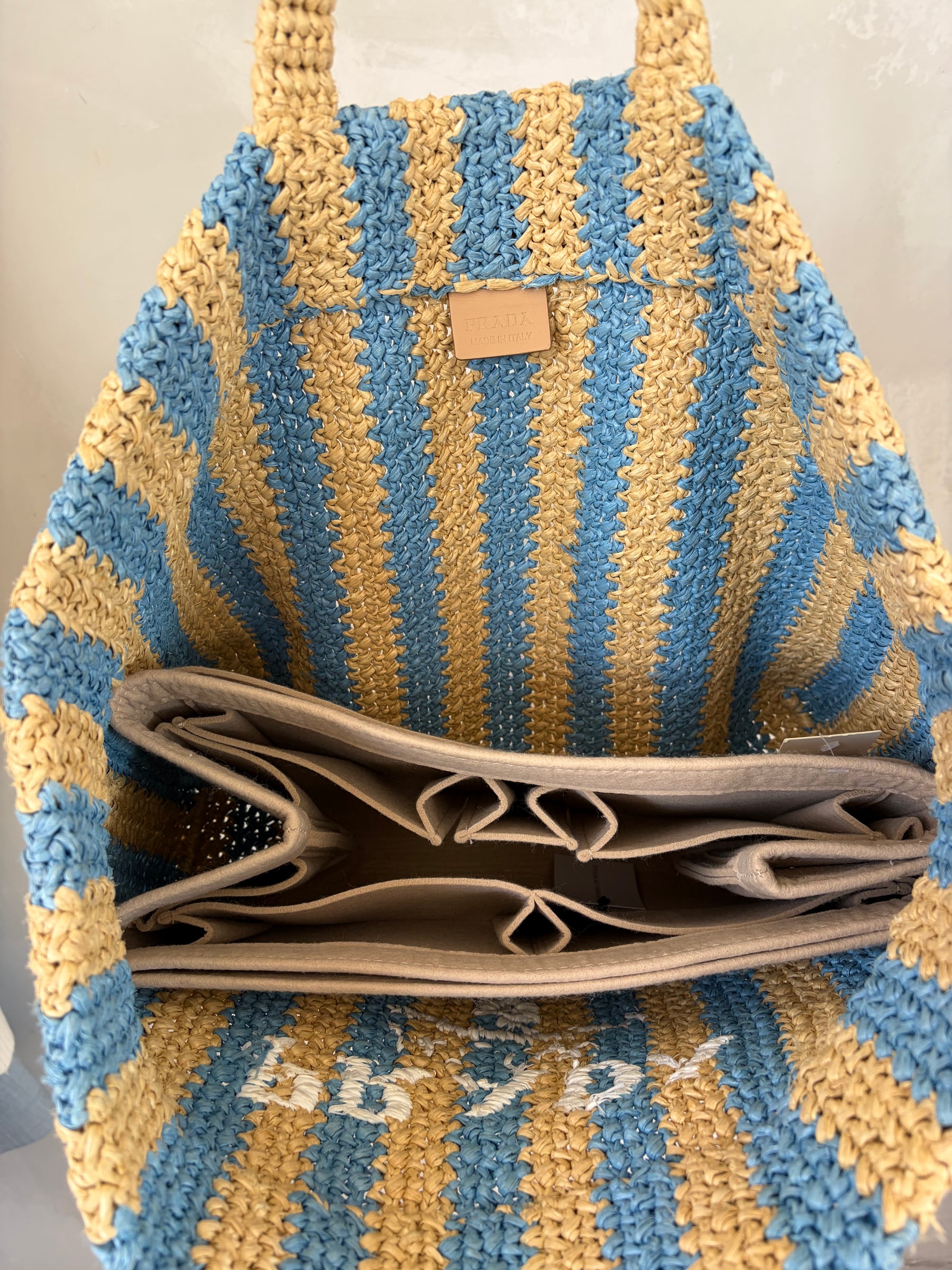 Prada Natural and Blue Raffia Logo Tote