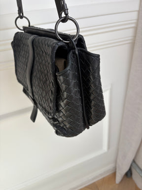 Bottega Veneta Black Intrecciato Leather Double Flap Bag