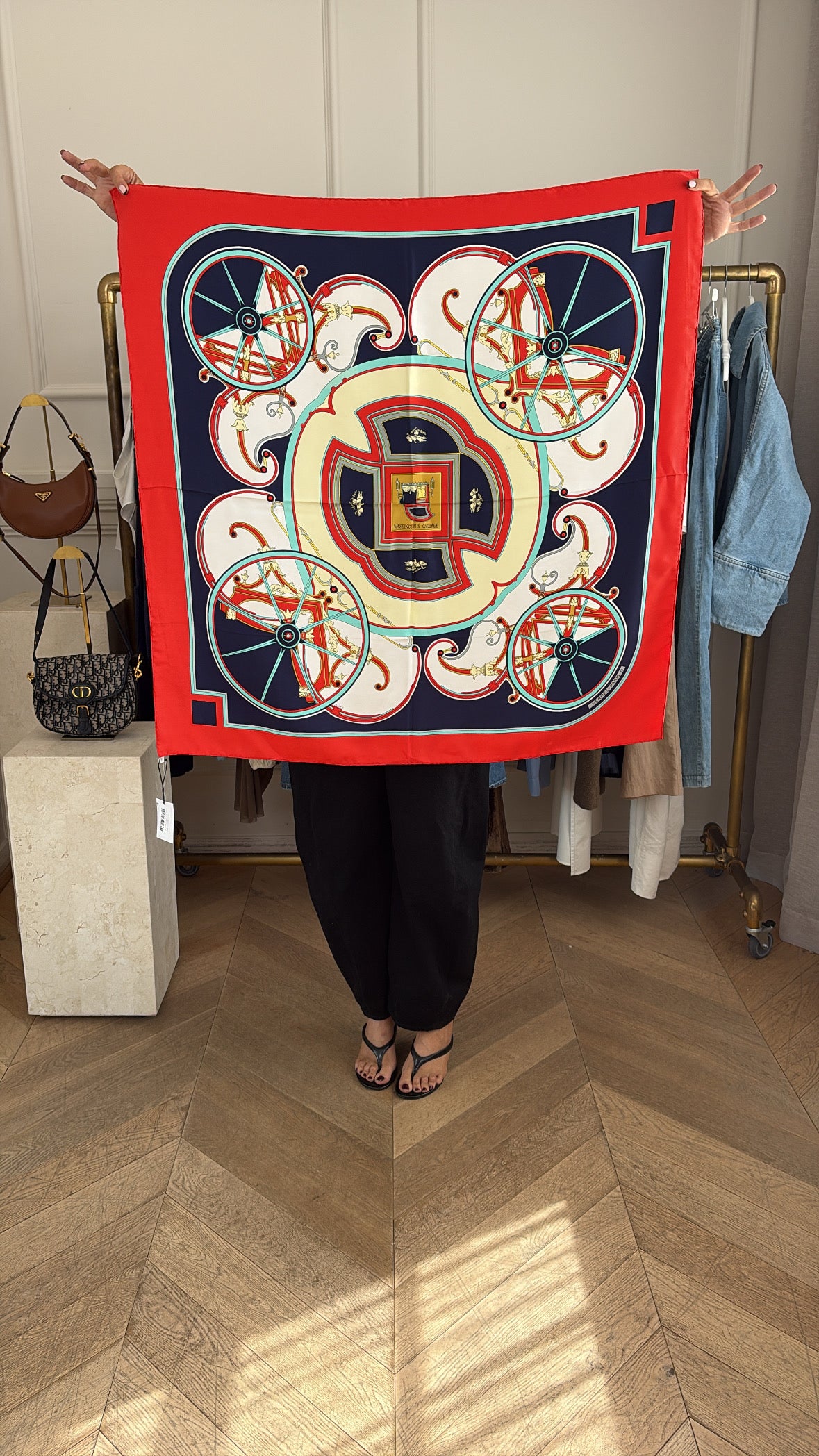 Hermès Red, Navy and Turquoise 'Washington's Carriage' Printed Silk Scarf 90