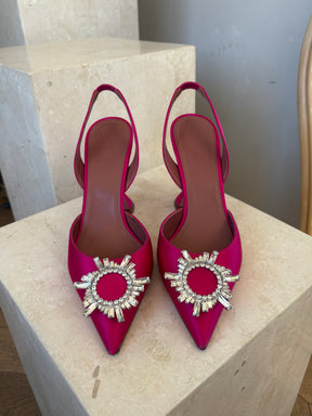 Amina Muaddi Hot Pink Satin Begum Slingback Heels, 40