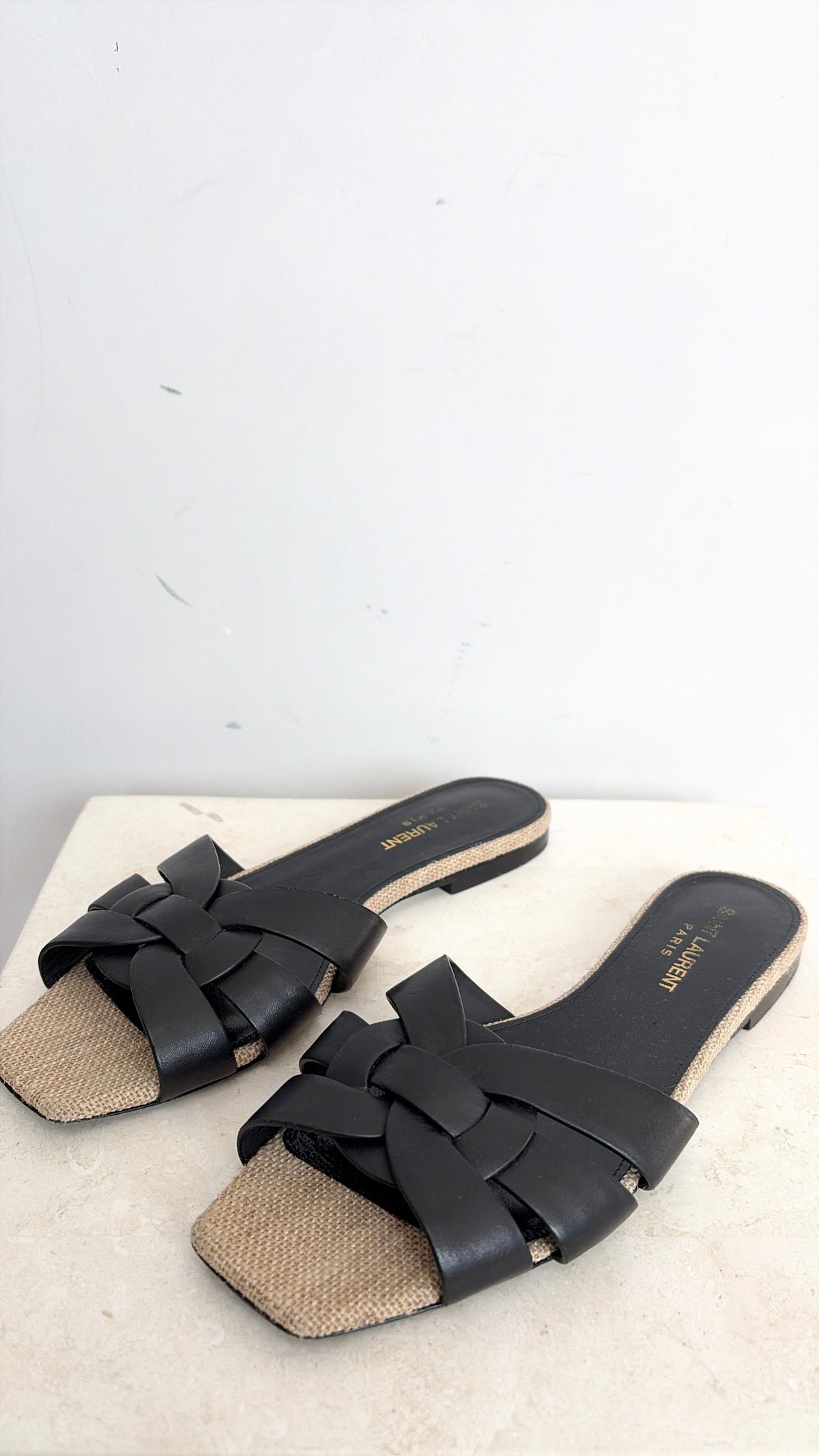Saint Laurent Black Leather and Hessian Tribute Slides, 37