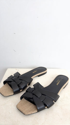 Saint Laurent Black Leather and Hessian Tribute Slides, 37