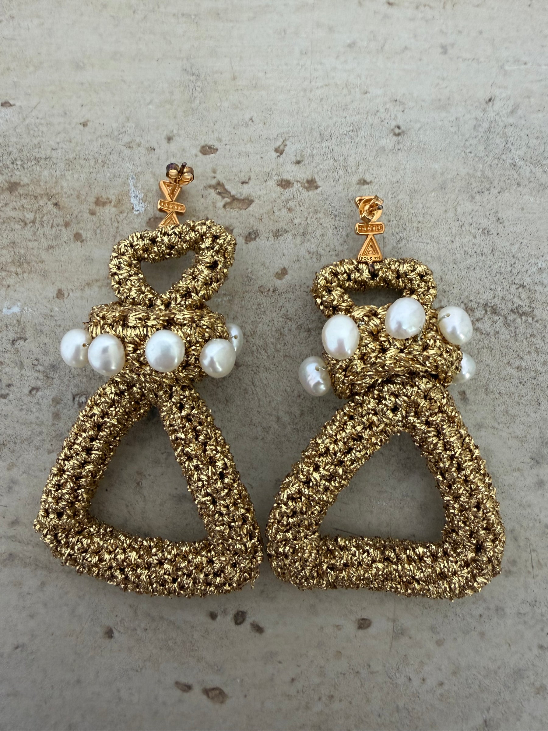 Lucy Folk Gold Metallic Crochet Triangle Drop Earrings