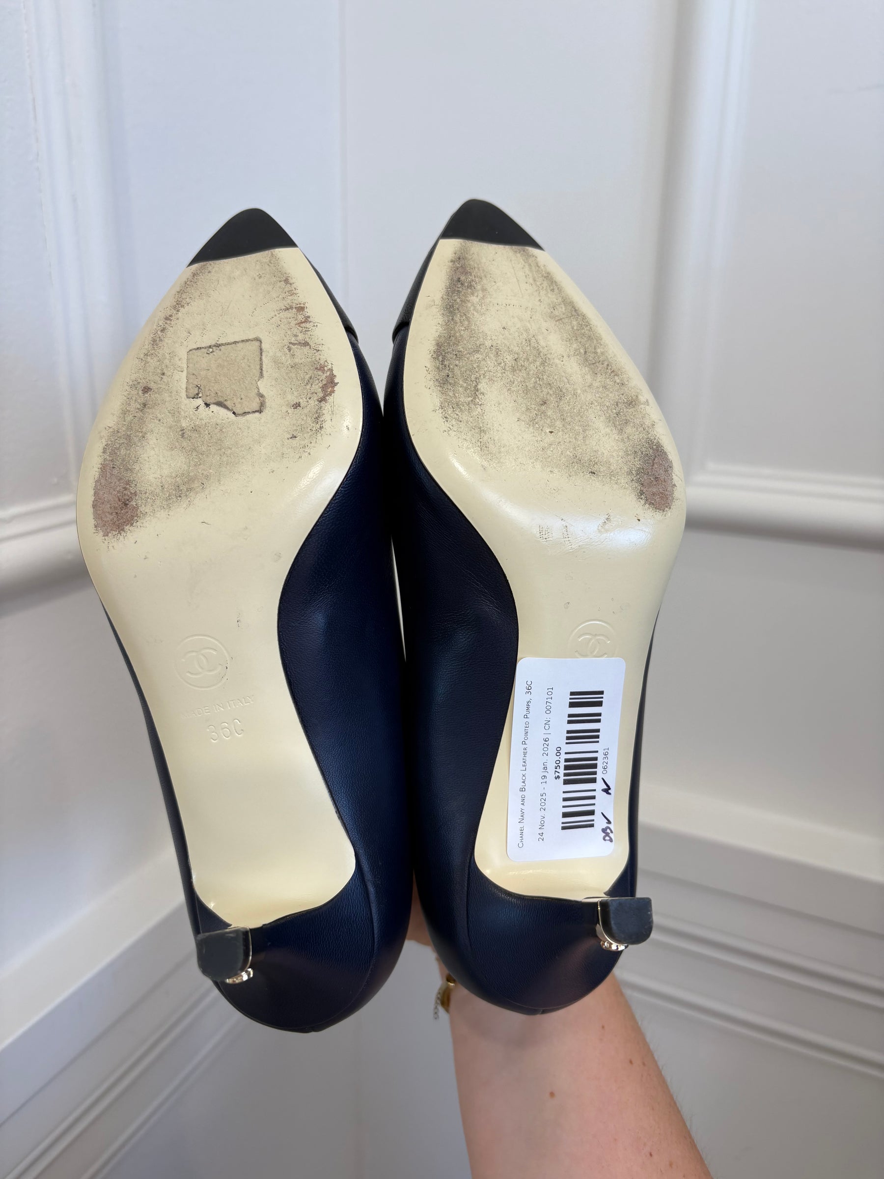 Chanel Navy and Black Leather Pointed Pumps, 36C