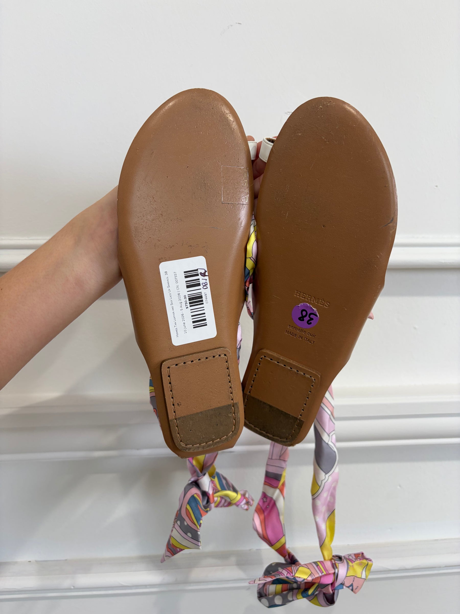 Hermès Tan Leather and Silk Lace Up Sandals, 38