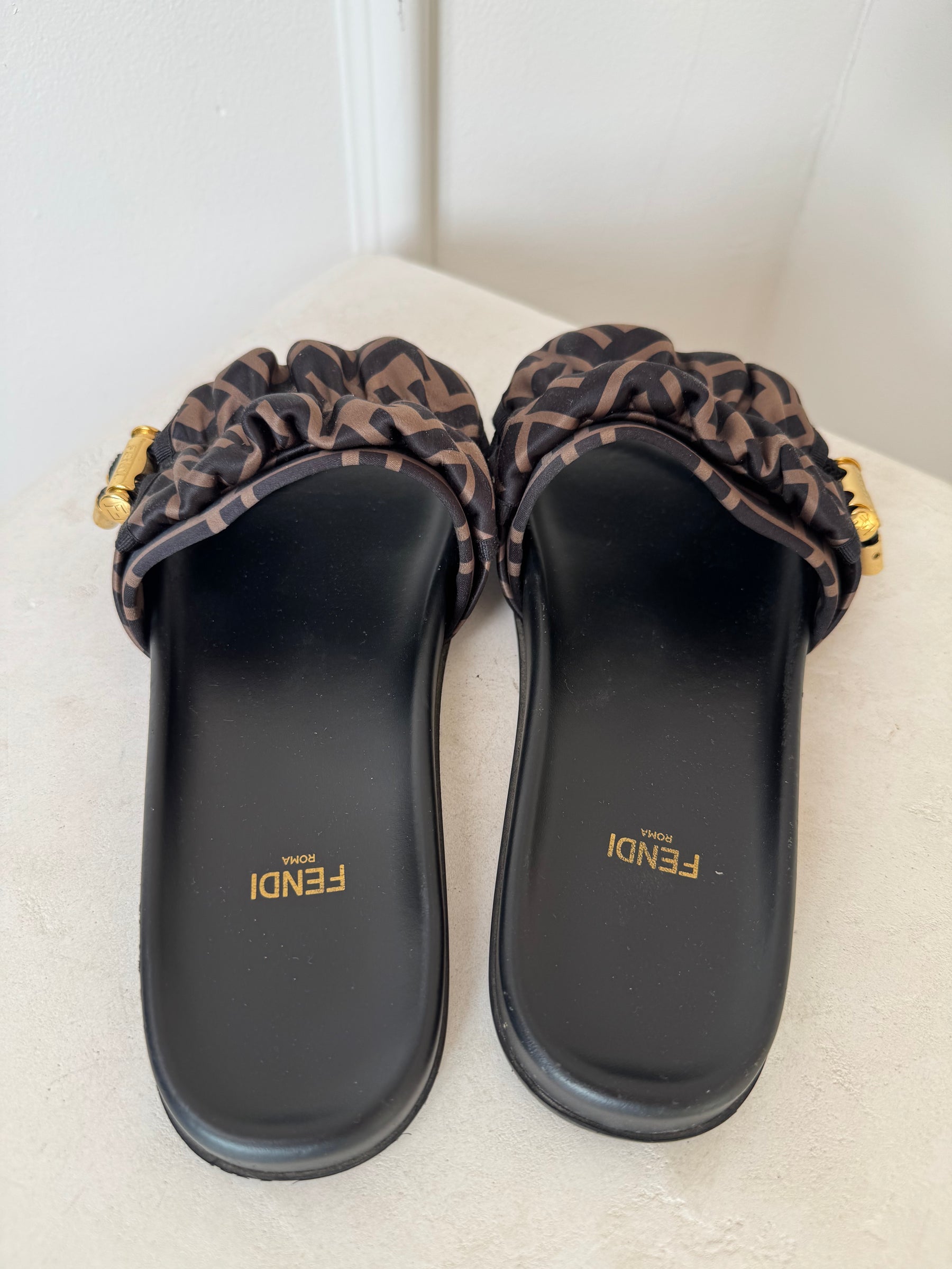 Fendi Feel Brown Satin Slides, 37