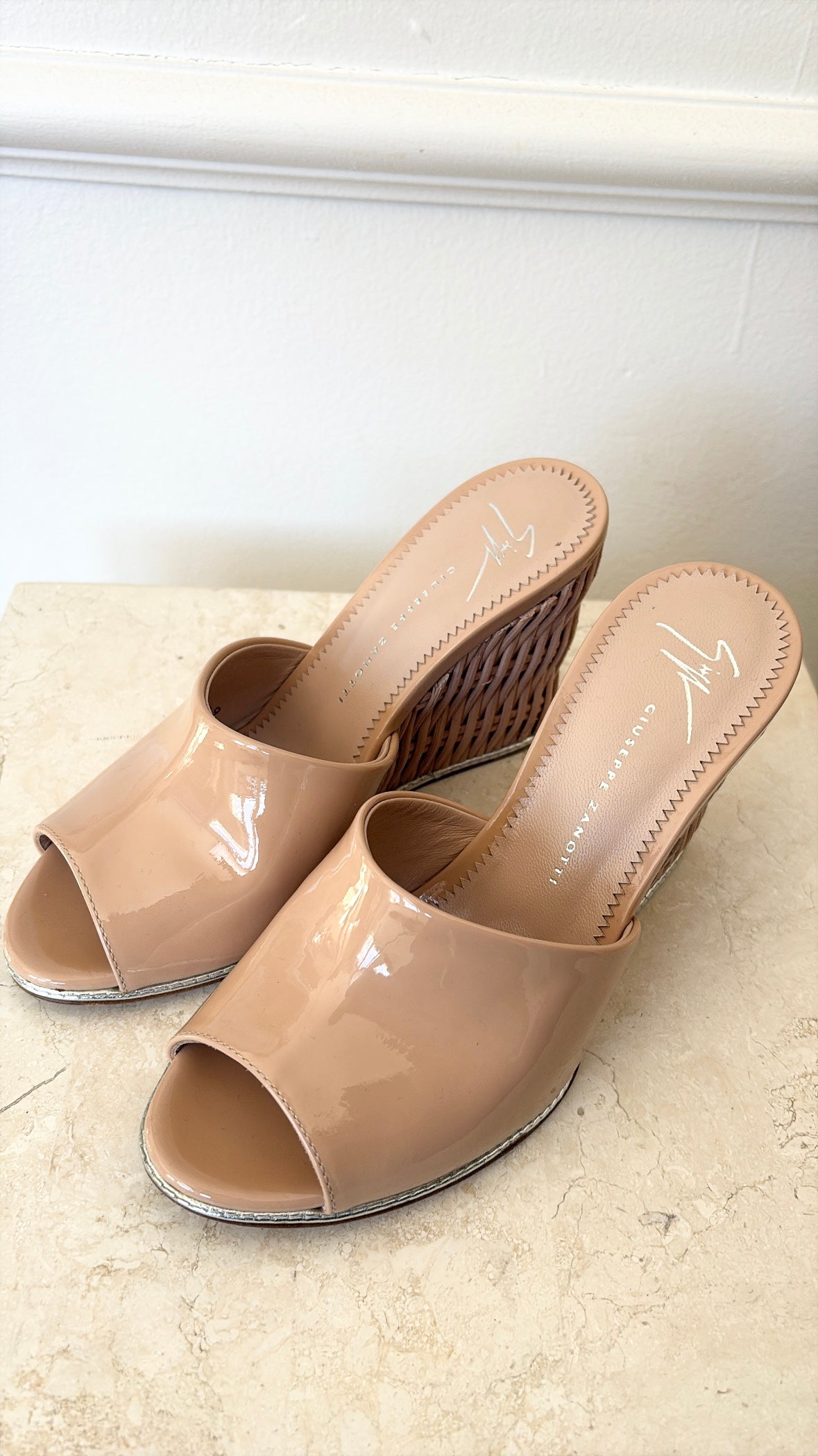 Giuseppe Zanotti Beige Patent Leather Wedge Sandals, 35
