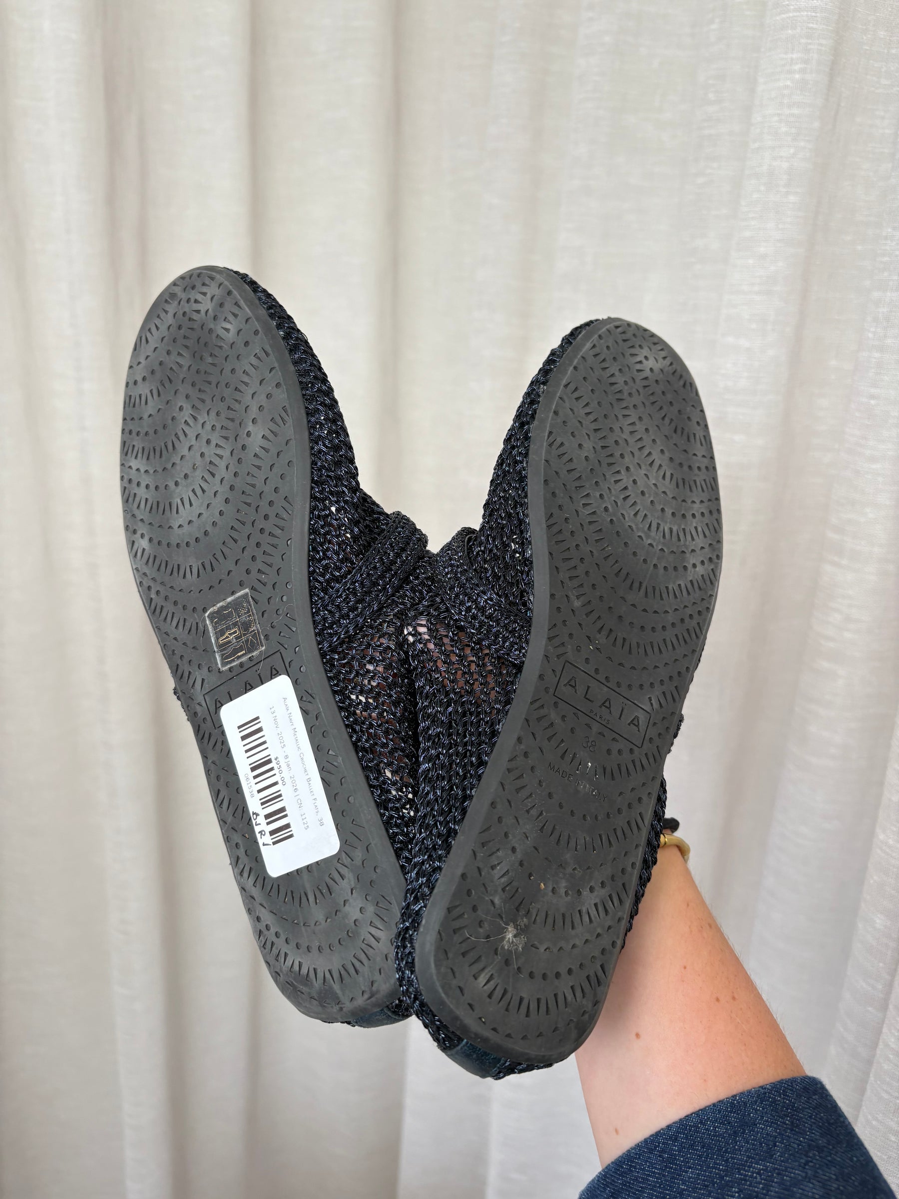 Alaïa Navy Metallic Crochet Ballet Flats, 38