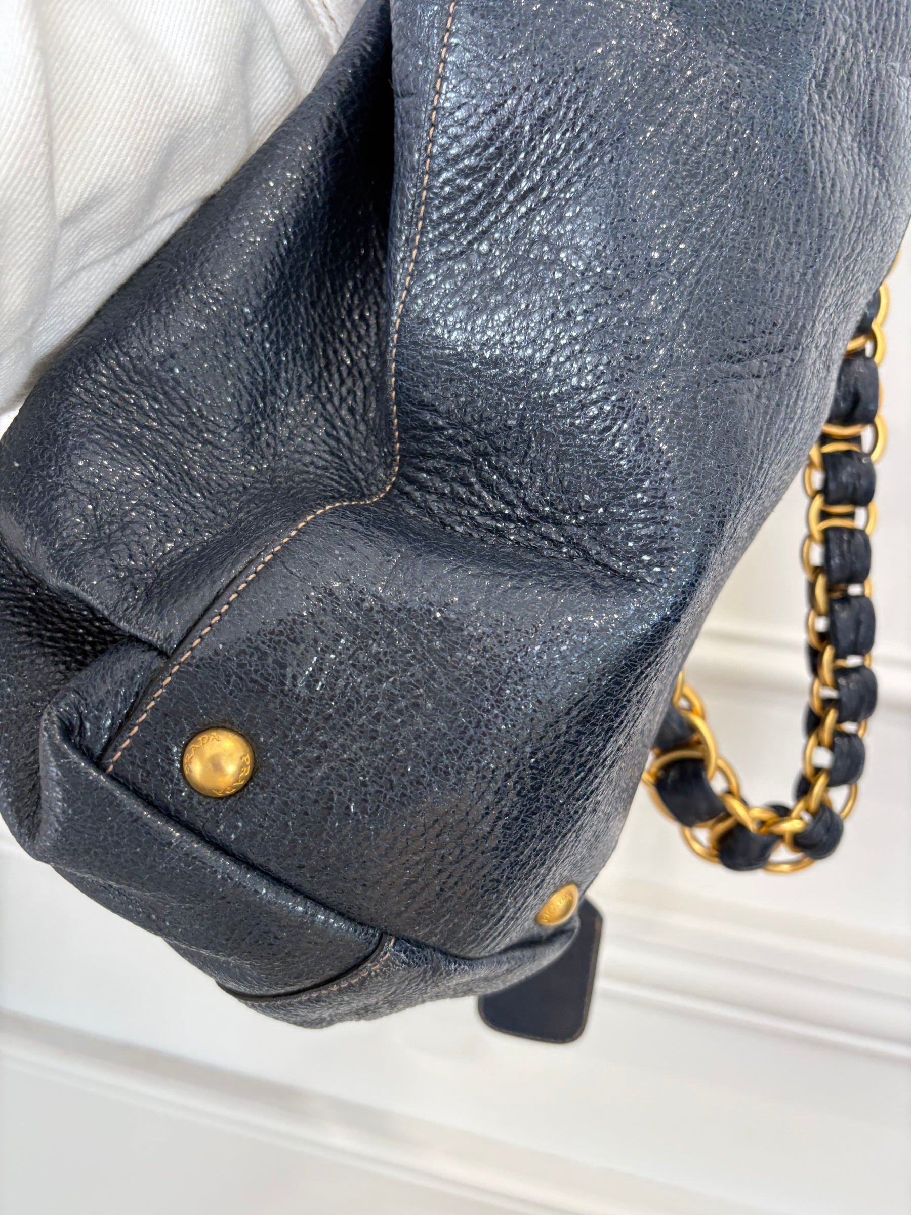Prada Navy Craquele Cervo Lux Chain Tote Bag