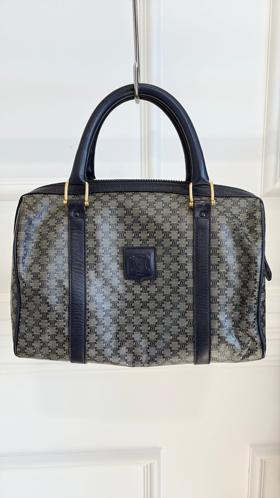 Celine Navy Coated Canvas Triomphe Boston Bag