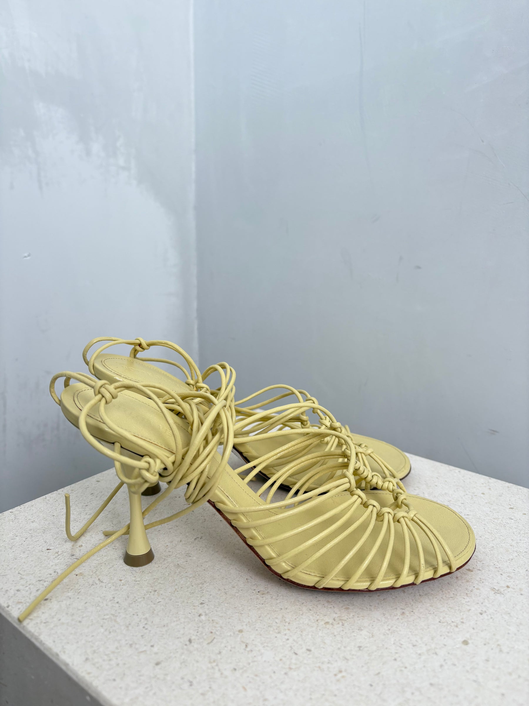 Bottega Veneta Butter Strappy Lace Up Heels, 37.5