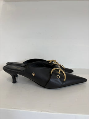 Anine Bing Black Leather Pointed Buckle Mules, 38