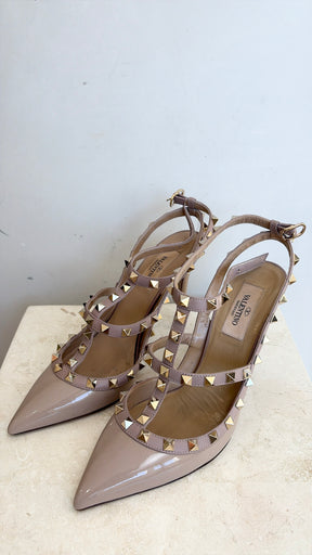 Valentino Garavani Beige Patent Rockstud Cage Pumps, 38