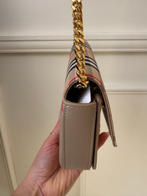 Burberry Beige Checked Leather Mini Flap Bag