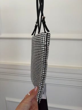 Prada Satin Crystal Embellished Flat Tote with Shoulder Chain