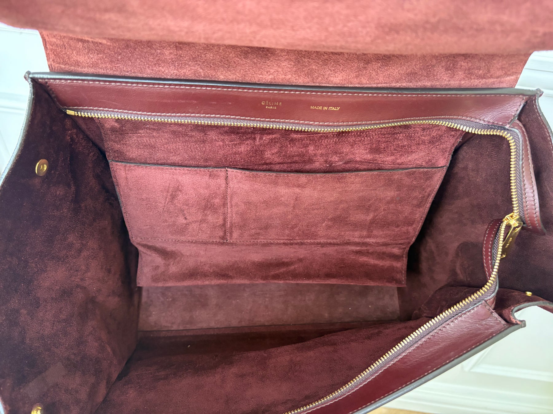 Celine Burgundy and Beige Leather and Suede Trapeze Bag