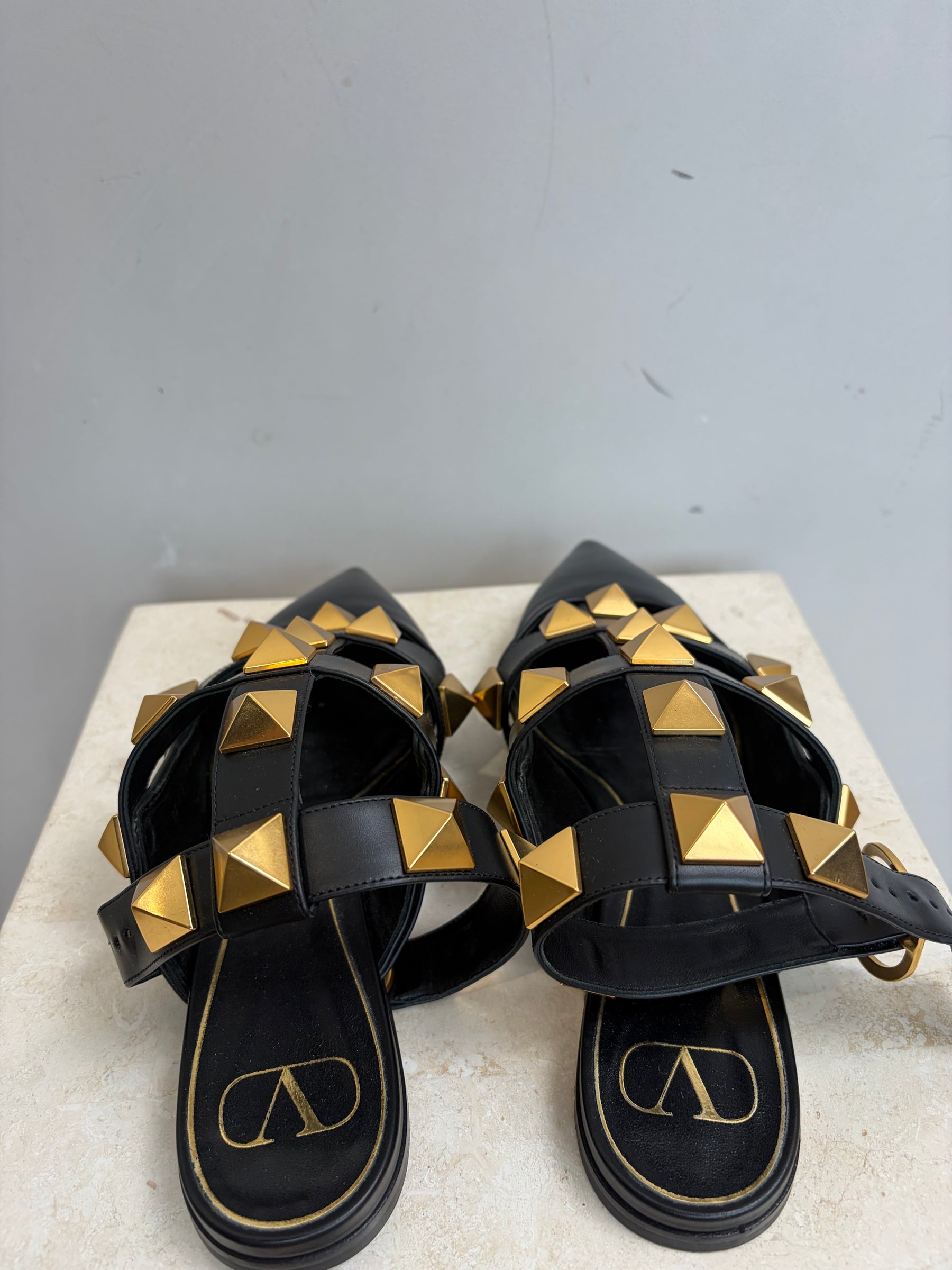 Valentino Garavani Black Leather Pointed Roman Stud Flats, 40