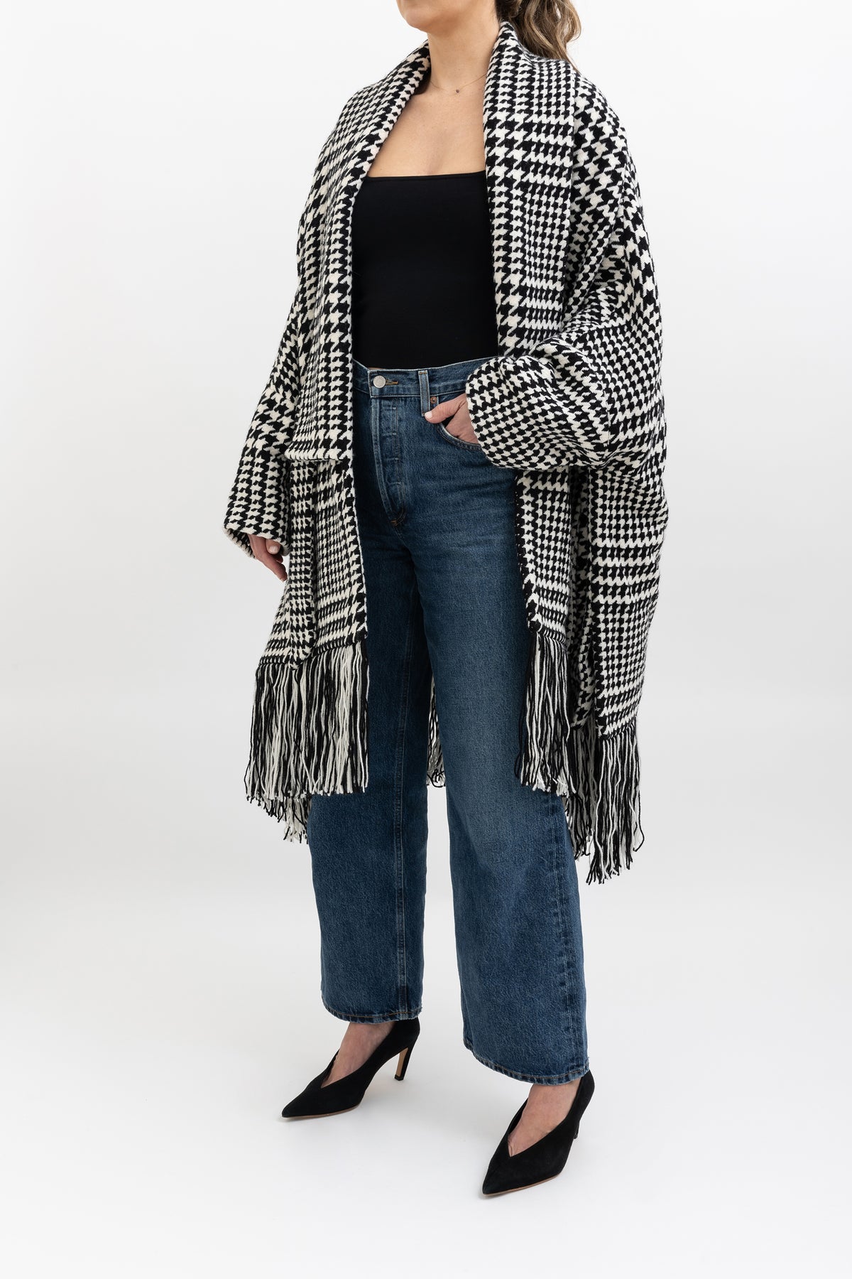 Fringed Houndstooth Cape Jacket