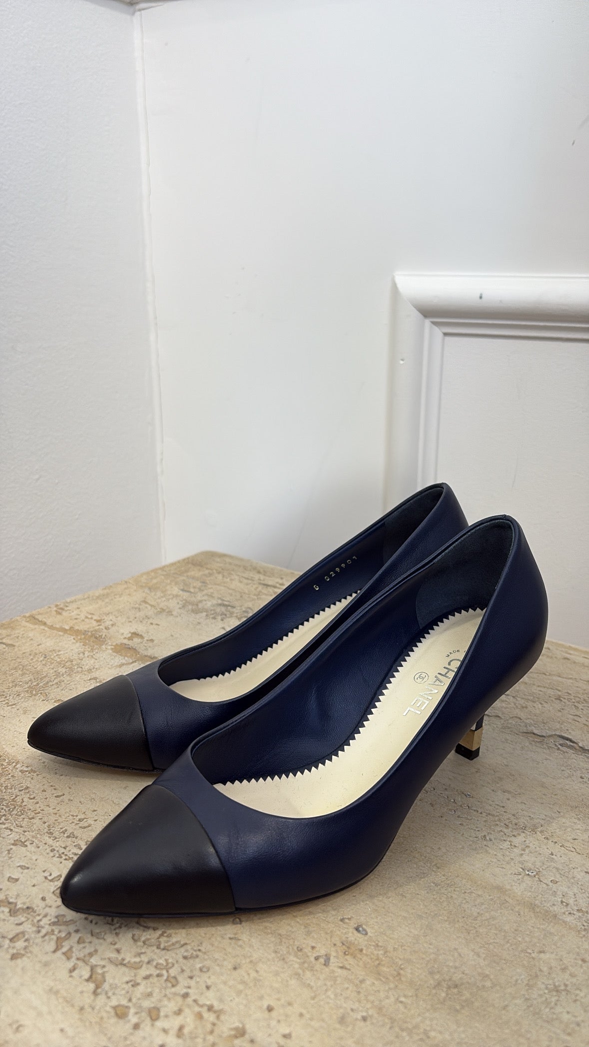 Chanel Navy and Black Leather Pointed Pumps, 36C