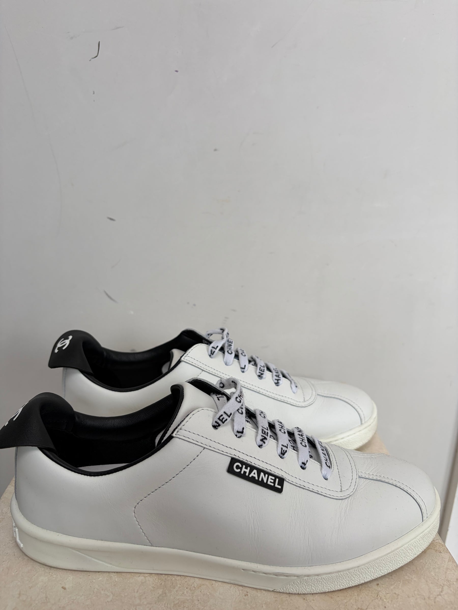 Chanel Uniform White Leather Logo Sneakers, 38.5