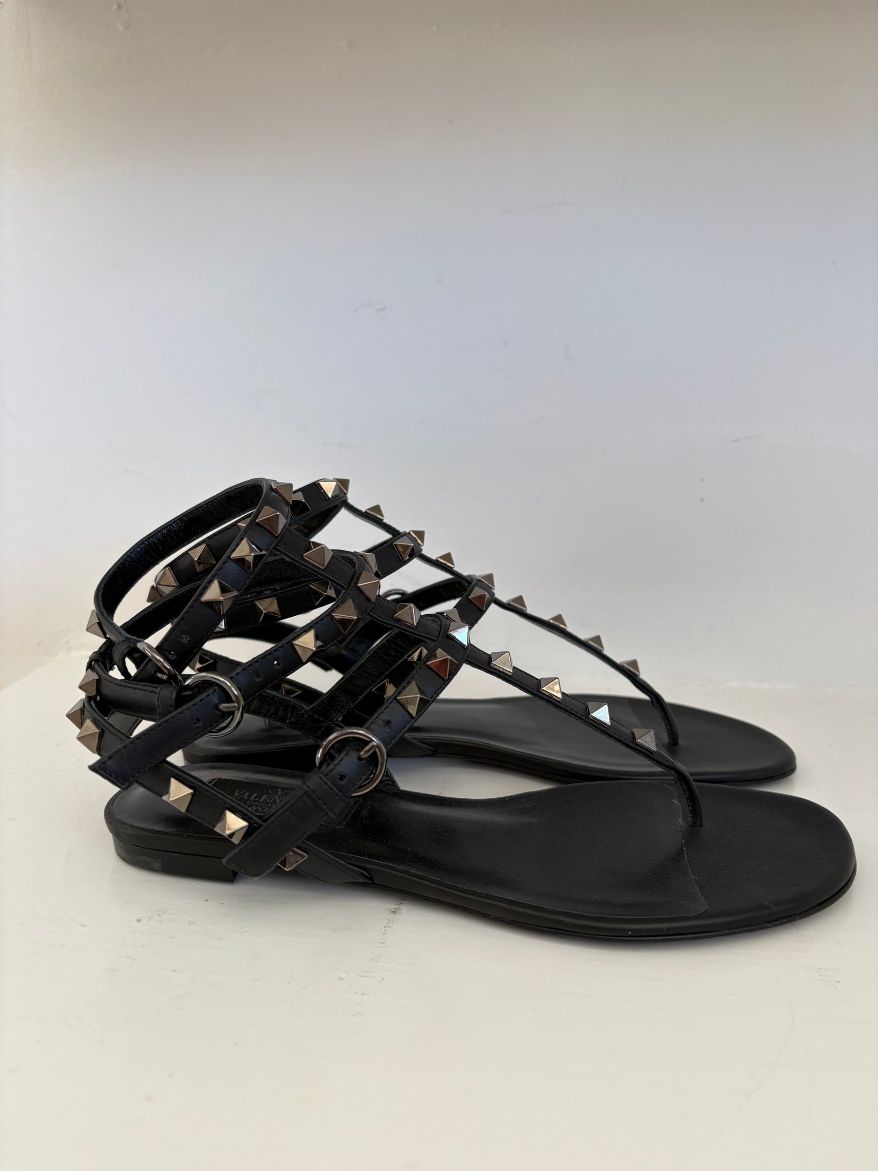 Valentino Garavani Black Leather Rockstud Caged Sandals, 36.5 C