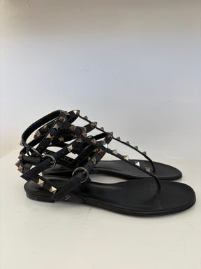 Valentino Garavani Black Leather Rockstud Caged Sandals, 36.5 C