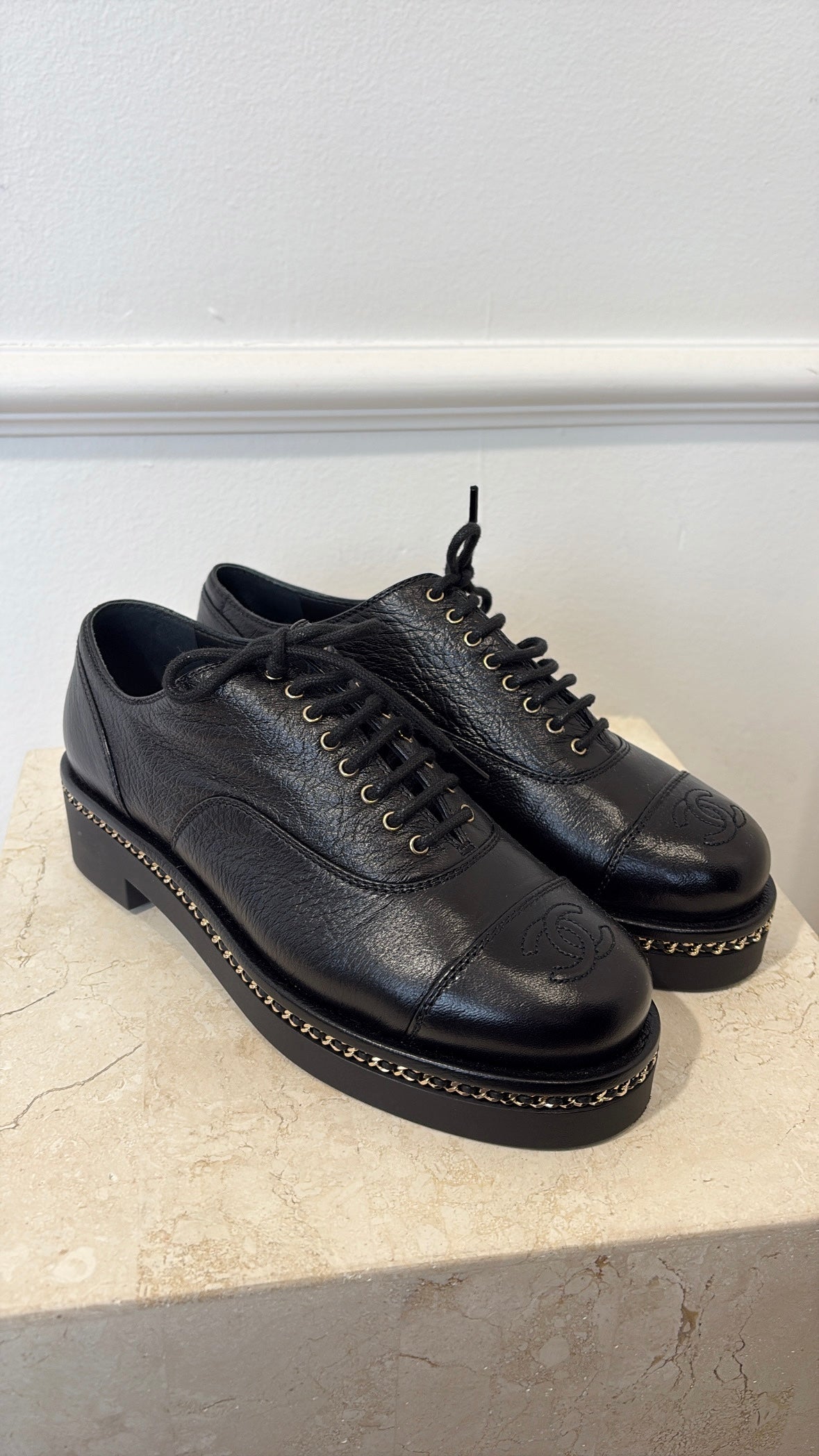 Chanel Black Leather Chain Detail Lace Up Shoe, 37 C