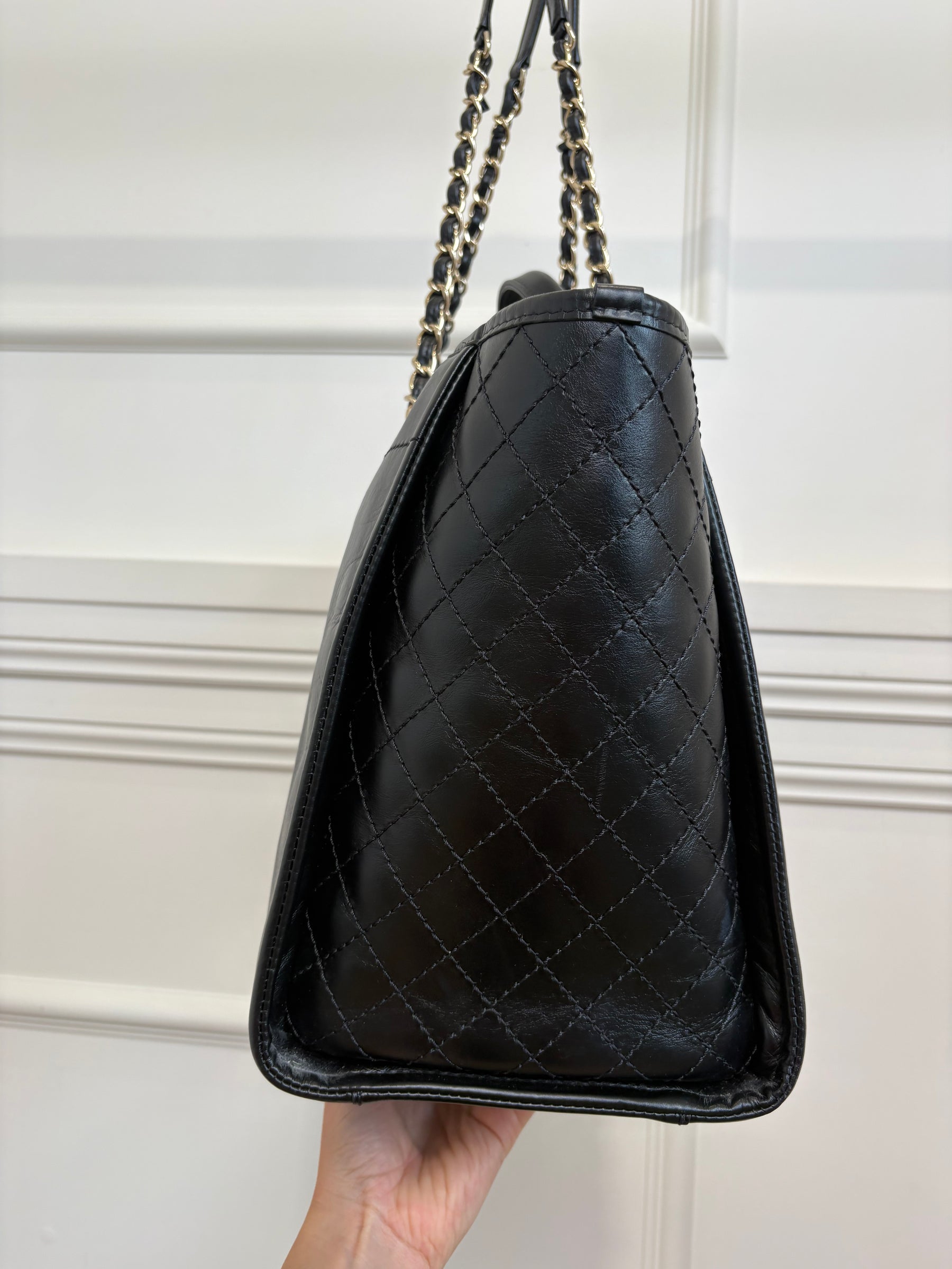Chanel Black Leather Deauville with Tweed Logo and Lining