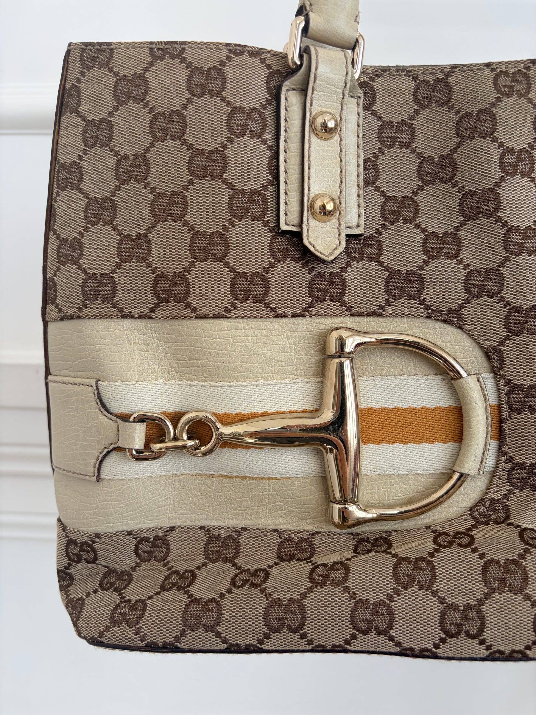 Gucci Canvas Monogram and Cream Leather Horsebit Hasler Tote