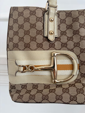 Gucci Canvas Monogram and Cream Leather Horsebit Hasler Tote