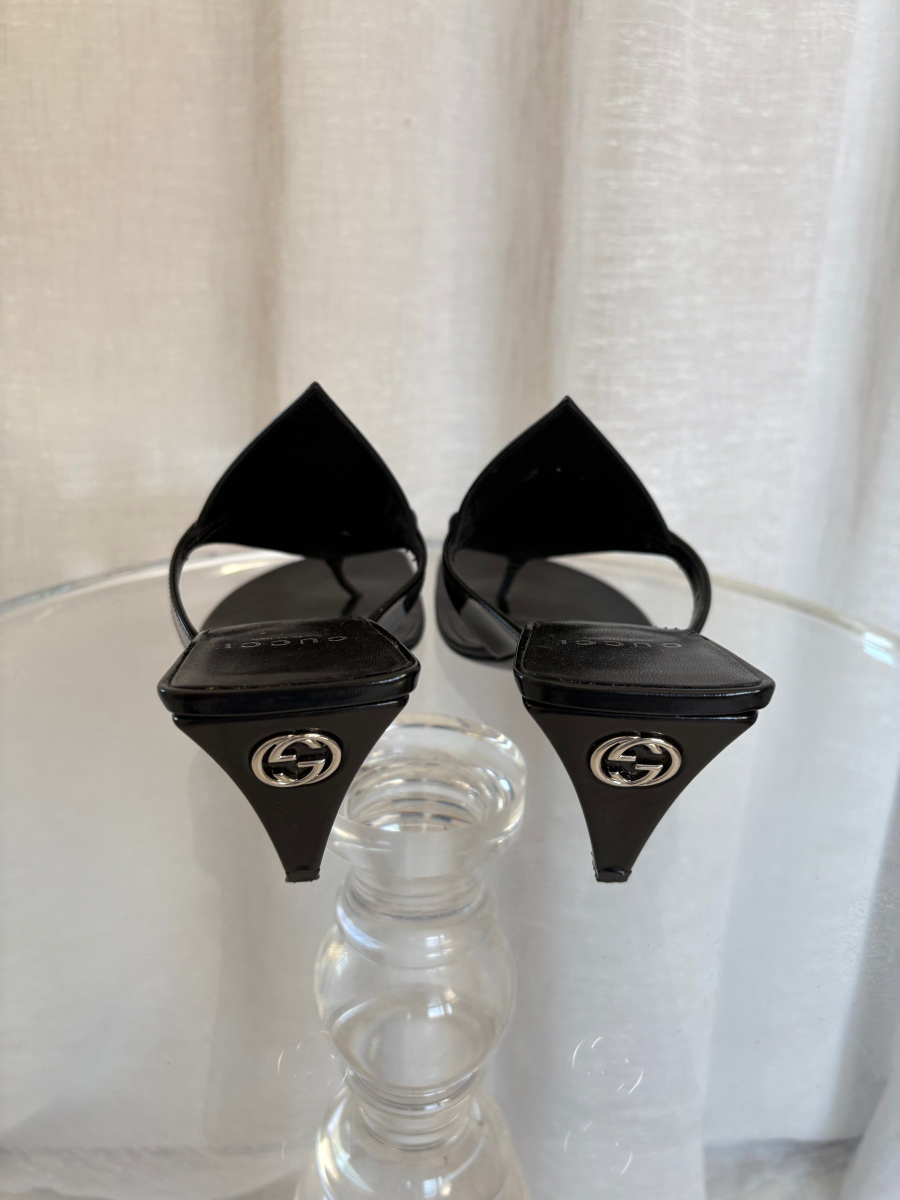 Gucci Black Leather Horsebit Thong Heeled Sandals, 39.5