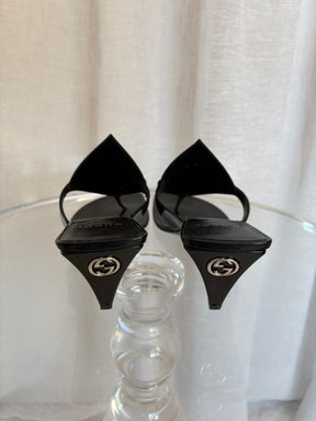 Gucci Black Leather Horsebit Thong Heeled Sandals, 39.5