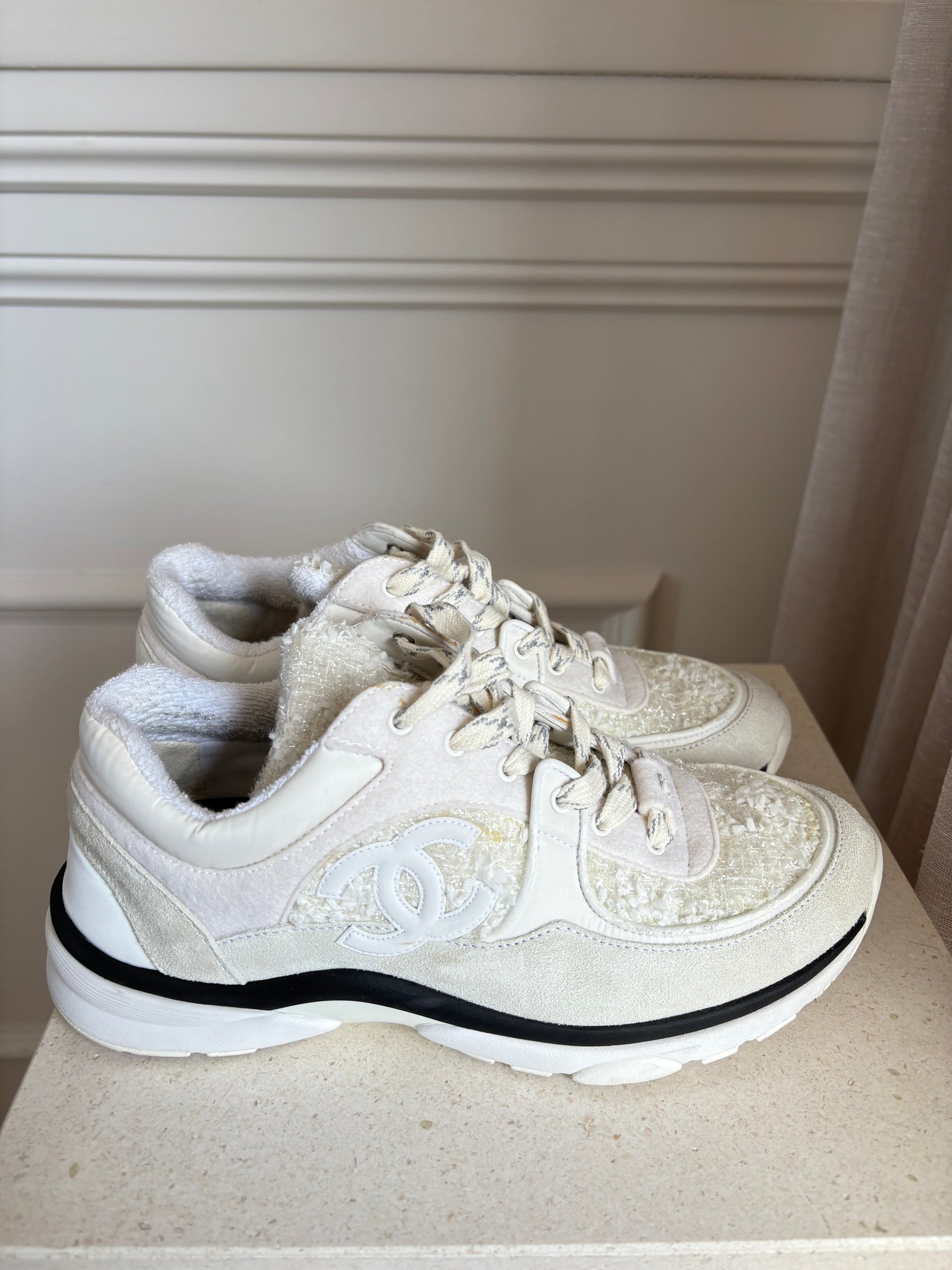 Chanel White Suede and Tweed Logo Sneakers, 38.5