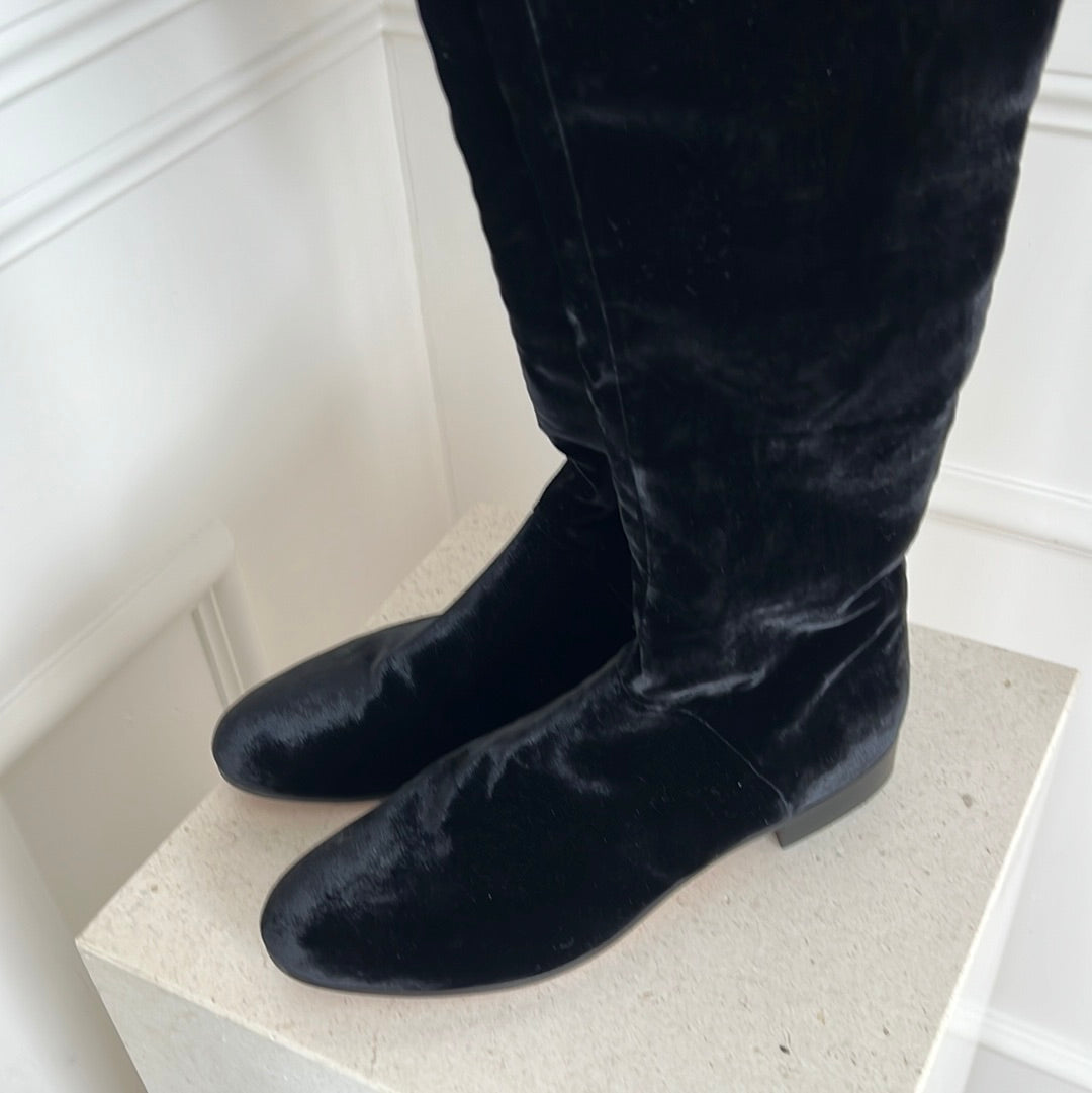 Alberta Feretti Black Velvet Knee High Flat Boots, 38