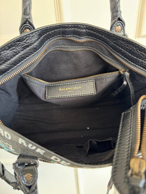 Balenciaga Black Crinkled Leather Graffiti Print City Bag