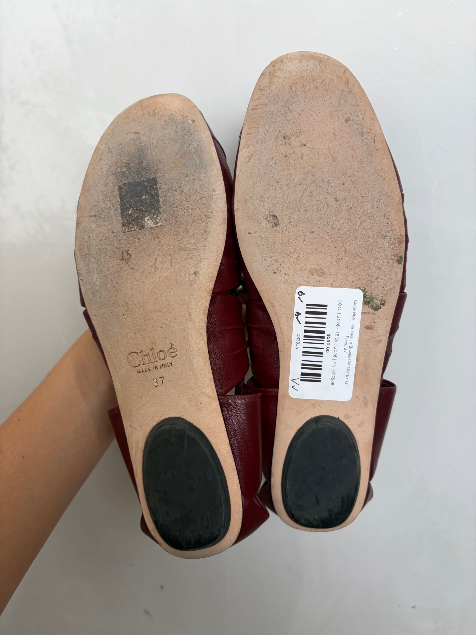 Chloe Burgundy Leather Beaded Cut Out Ballet Flats, 37