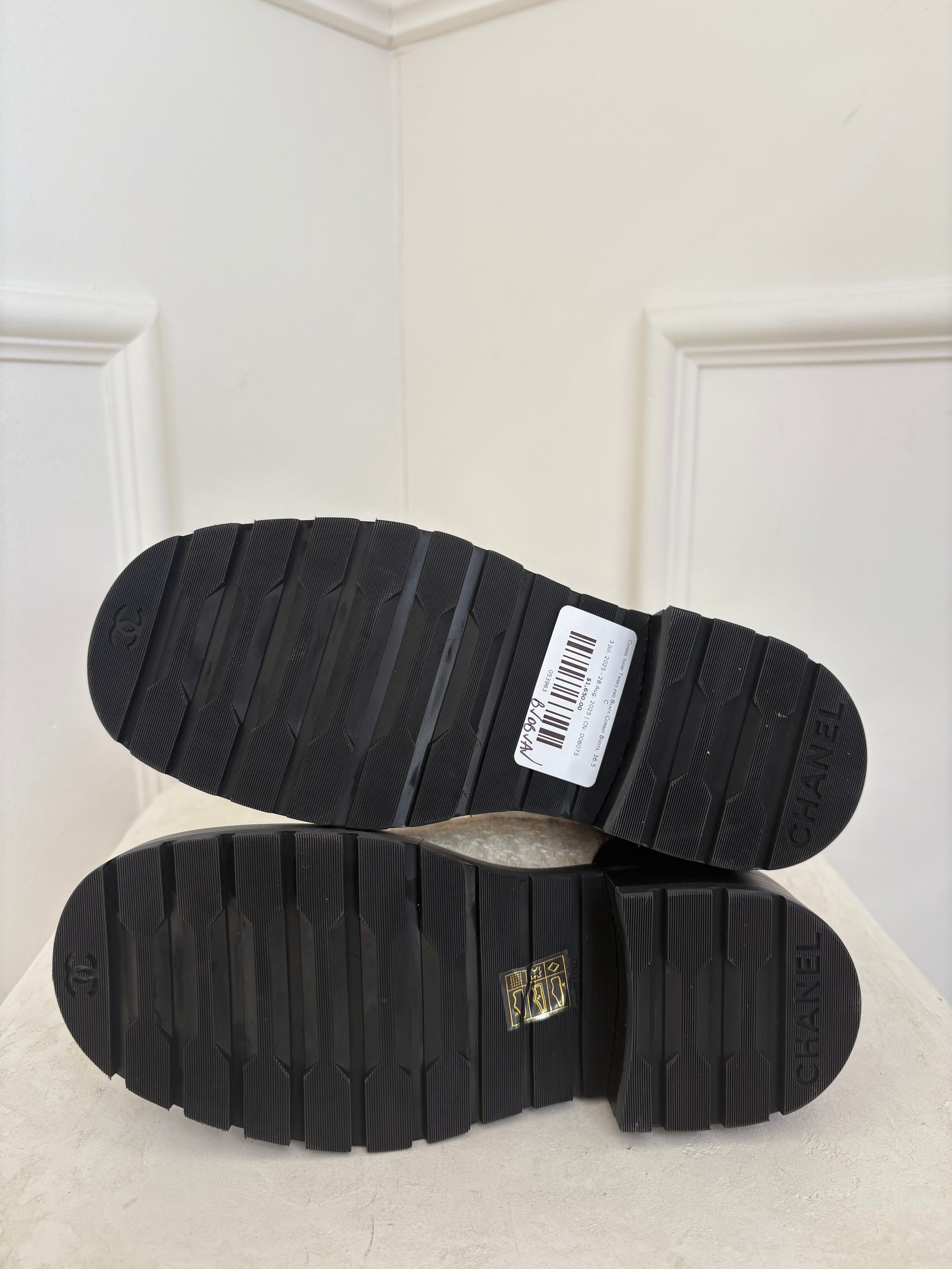 Chanel Ivory Tweed and Black Combat Boots, 36.5 C