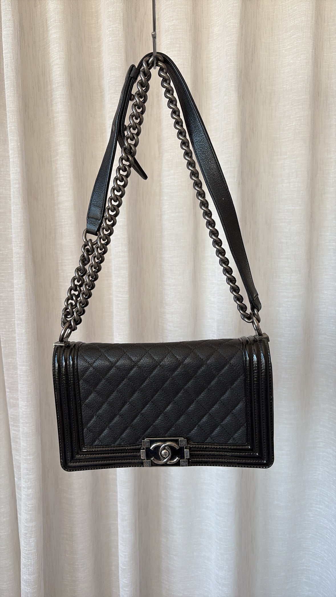 Chanel Black Patent Trim Grained Leather Medium Boy Bag